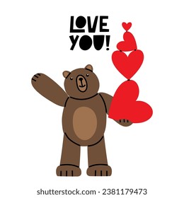 Gift card with cute Teddy Bear and big heart. Illustration on simple modern style. Colorful flat vector illustration isolate on a white background. Premade poster, t-shirt print, sticker, textile.