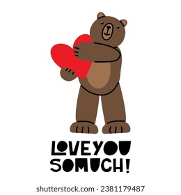 Tarjeta de regalo con el lindo Oso de Teddy y el gran corazón. Ilustración en un estilo sencillo y moderno. Ilustración de vector plana colorida aislada sobre un fondo blanco. Cartel prefabricado, estampado de camisetas, pegatina, textil.