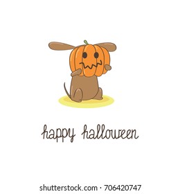 Gift card of dachshund puppy in a pumpkin jack-o-lantern hat and mask, with a Happy Halloween hand-written lettering. Vector illustration.