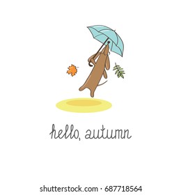 Gift card. Dachshunds flying under umbrella with a Hello Autumn lettering. Vector illustration.