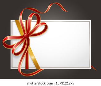 Gift card decorated by glossy ribbon and bow symbols. Empty white postcard with shiny stripes isolated on black. Blank icon in frame with elegant tapes sign, element for holiday greeting vector