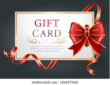 Gift card decorated by ribbon and big bow in red color. Festive postcard with text template and pattern on white. Invitation icon or coupon with golden frame and elegant stripes on black vector
