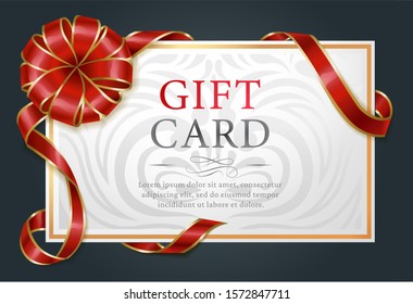 Gift card decorated by ribbon and big bow in red color. Festive postcard with text template and pattern white. Invitation icon or coupon with golden frame and elegant stripes on black. Present voucher