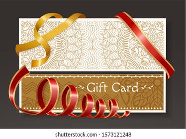 Gift card decorated by ribbon and big bow in red color. Festive postcard with text template and pattern white. Invitation icon or coupon with golden frame and elegant stripes on black. Present voucher
