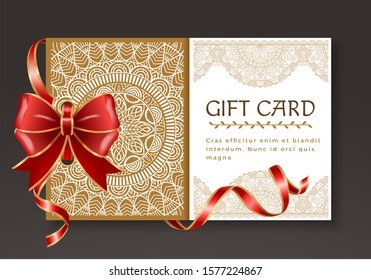 Gift card decorated by ribbon and big bow in red color. Festive postcard with text template and pattern white. Invitation icon or coupon with golden frame and elegant stripes on black. Present voucher