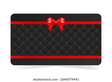 Gift card design with black quilted background with subtle gold accents and red satin bow and ribbon. Vector illustration for commercial and extended license use