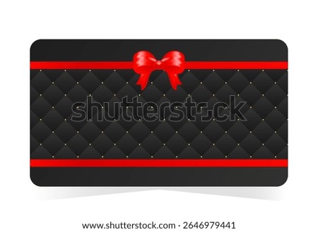 Gift card design with black quilted background with subtle gold accents and red satin bow and ribbon. Vector illustration for commercial and extended license use