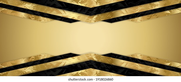 Gift card design with blank gold background and geometric triangle frame (gold and black elements). Premium vector template for Gift voucher, golden ticket, gift certificate or exclusive invite card