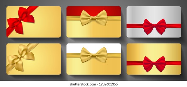 Gift card design collection. Blank template with red ribbon gold bow on luxury golden, silver background. Holiday vector set for gift certificate, voucher, coupon