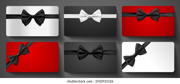 Gift card design collection. Blank template with black ribbon, bow on premium red, silver background. Holiday vector set for gift certificate, voucher, vip shopping card