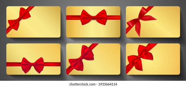 Gift card design collection. Blank template with red ribbon, bow on luxury gold background. Golden holiday vector set for gift certificate, voucher, shopping card