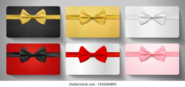 Gift Card Design Collection. Luxury Blank Template With Ribbon, Bow In Black, Gold, Red, Silver And Pink Colors. Holiday Vector Set For Gift Certificate, Vip Voucher, Shopping Card