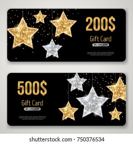 Gift Card Design With Gold Glitter Stars On Black. Vector Illustration