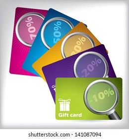 Gift card design with magnifiers showing discount