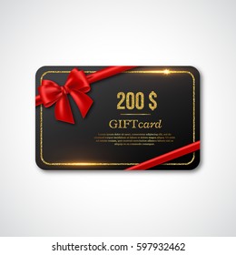 Diseño de tarjetas de regalo con arco rojo realista y marco brillante dorado. bono de 200 $, certificado de compra. Ilustración vectorial.