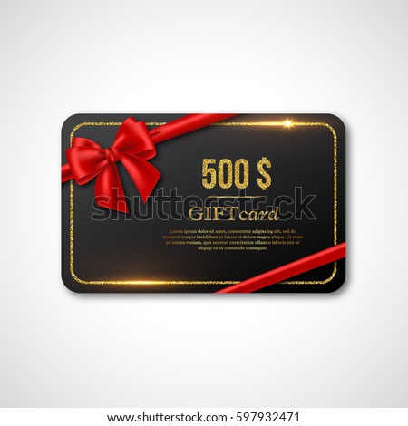 Gift card design with realistic red bow and golden glitter frame. 500 $ voucher, certificate for shopping. Vector illustration.