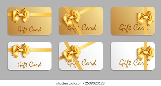 Gift card design template with gold bow and ribbon. Vector set. Elements useful for shopping card, voucher, gift coupon 