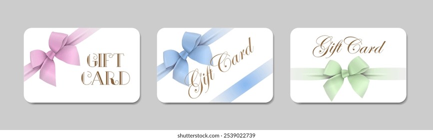 Gift card design template with pastel colors bow and ribbon. Vector set. Elements useful for shopping card, voucher, gift coupon 