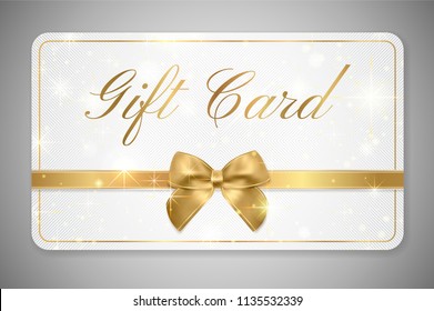 Gift card (Gift card discount), Gift coupon with golden ribbon, gold bow and star pattern. White background design (light) for voucher template design, invitation, ticket. Vector