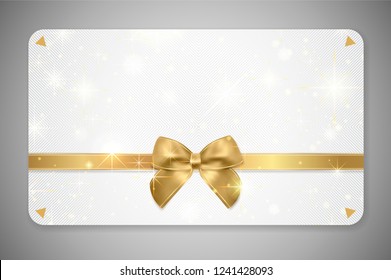 Gift card (Gift card discount), Gift coupon with golden ribbon, gold bow and star pattern. White background design (light) for voucher template design, invitation, ticket. Vector