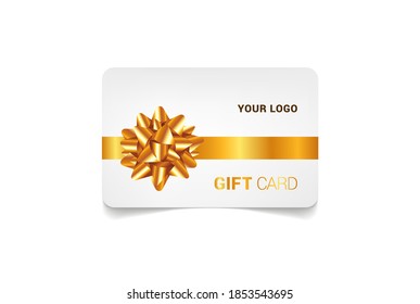 Gift card discount, Gift coupon with golden ribbon, gold bow. White background design (light) for voucher template design, invitation, ticket. Vector