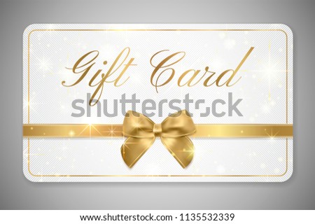 Gift card (Gift card discount), Gift coupon with golden ribbon, gold bow and star pattern. White background design (light) for voucher template design, invitation, ticket. Vector