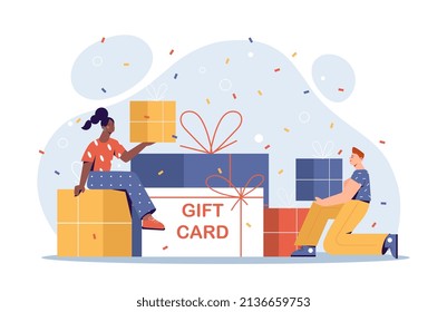 Gift card or discount coupon. Man and woman standing next to boxes and presents with ribbon and bow. Special offer from stores to congratulate client on his birthday. Cartoon flat vector illustration