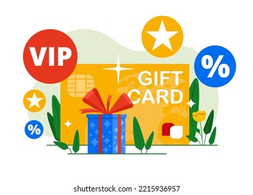 Tarjeta de regalo. Descuento, programa de tarjetas de fidelidad y servicio al cliente. Ilustración vectorial plana.