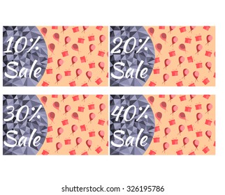 Gift card. Discount card with seamless pattern of gift boxes. For the design of gift coupons, vouchers, business cards, cards with discounts. Vector illustration.