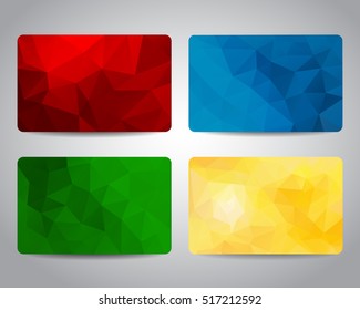 Gift card or discount card set with colorful geometric triangular backgrounds template. Red, blue, green, yellow color. Vector design EPS10