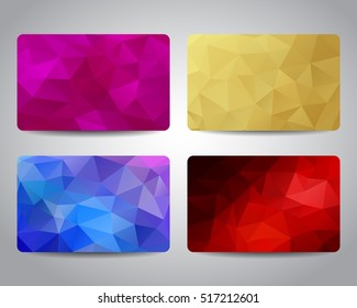 Gift card or discount card set with colorful geometric triangular backgrounds template. Purple, gold, blue and red colors. Vector design EPS10