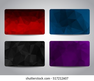 Gift card or discount card set with colorful geometric triangular backgrounds template. Red, blue, black, purple color. Vector design EPS10