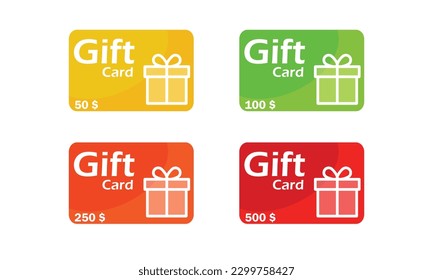 Gift card with dollar bonus , Customer gift reward bonus card 50$,100$,250$,500$ , collect bonus card vector