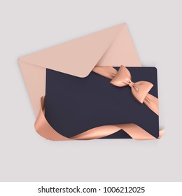 Gift Card With Envelope, Bow And Ribbon Decoration. Vector Template. 