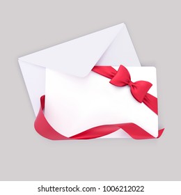 Gift Card with Envelope, Red Bow and Ribbon decoration. Vector template. 