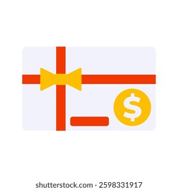 Gift Card Flat design style, gift vouchers with red ribbons, symbolizing discount offers, perfect for e-commerce, promotions, and holiday shopping designs.