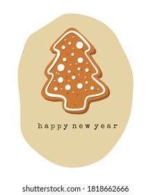 Gift card of gingerbread cookies on a beige background with the words "happy new year". Present for Christmas and New Year.