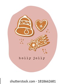 Gift card of gingerbread cookies on a pink background with the words "holly jolly". Present for Christmas and New Year.