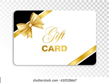 Gift Card With Gold Bow Isolated On Transparent Background. Vector Illustration.