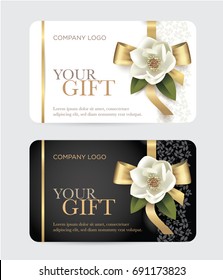 Gift Card With A Gold Bow, Ribbon And A Magnolia Flower. Vector Template For Gift Card, Coupon And Certificate For A Spa, Beauty Salon, Shops, Cosmetics And Restaurants