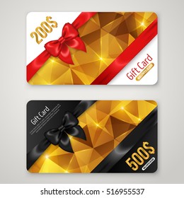 Gift Card with Gold Crystal Texture, Black and Red Bow. Holiday Invitation Decorative Template, Voucher Design. Glowing New Year or Christmas Backdrop. Certificate for Shopping.