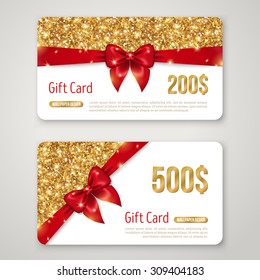 Gift Card With Gold Glitter Texture And Red Bow. Voucher Design, Holiday Invitation. Glowing New Year Or Christmas Certificate For Shopping.