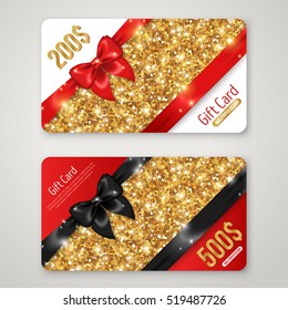 Gift Card with Gold Glitter Texture, Black and Red Bow. Invitation Decorative Template, Voucher Design. Glowing New Year or Christmas Backdrop. Certificate for Shopping.