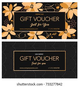 Gift card with a gold poinsettia flower and modern stylish texture. Vector template for gift card, coupon and certificate for a spa, beauty salon, shops, cosmetics and restaurants.