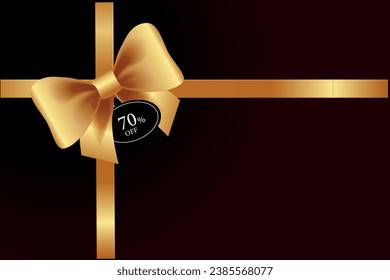 Gift card and gold ribbon on a burgundy background with a gift card label. Sale concept. Banner.