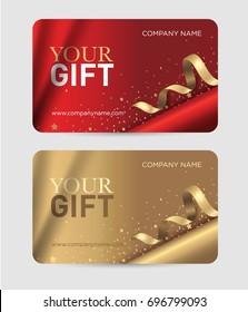 Gift card with gold ribbons, serpentine and glitter. Christmas gift certificate. Vector template for gift card, coupon and certificate for a spa, beauty salon, shops, cosmetics and restaurants