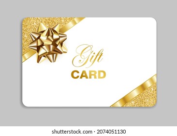 Gift card with golden bow and glitter texture border isolated on grey background. Holiday template with place for text. Vector illustration.