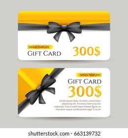 Gift card with golden element and bow. Gift card template design. Discount credit vector promotion.