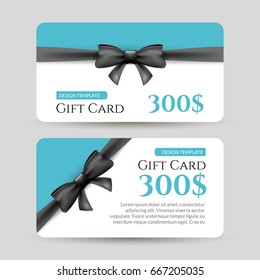 Gift card with golden element and bow. Gift card template design. Discount credit vector promotion.