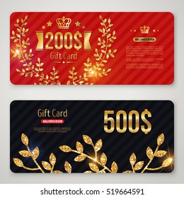 Gift Card with Golden Foil Laurel Wreath and Branches. Invitation Decorative Holiday Template, Voucher Design. Glowing New Year or Christmas Backdrop. Certificate for Shopping.